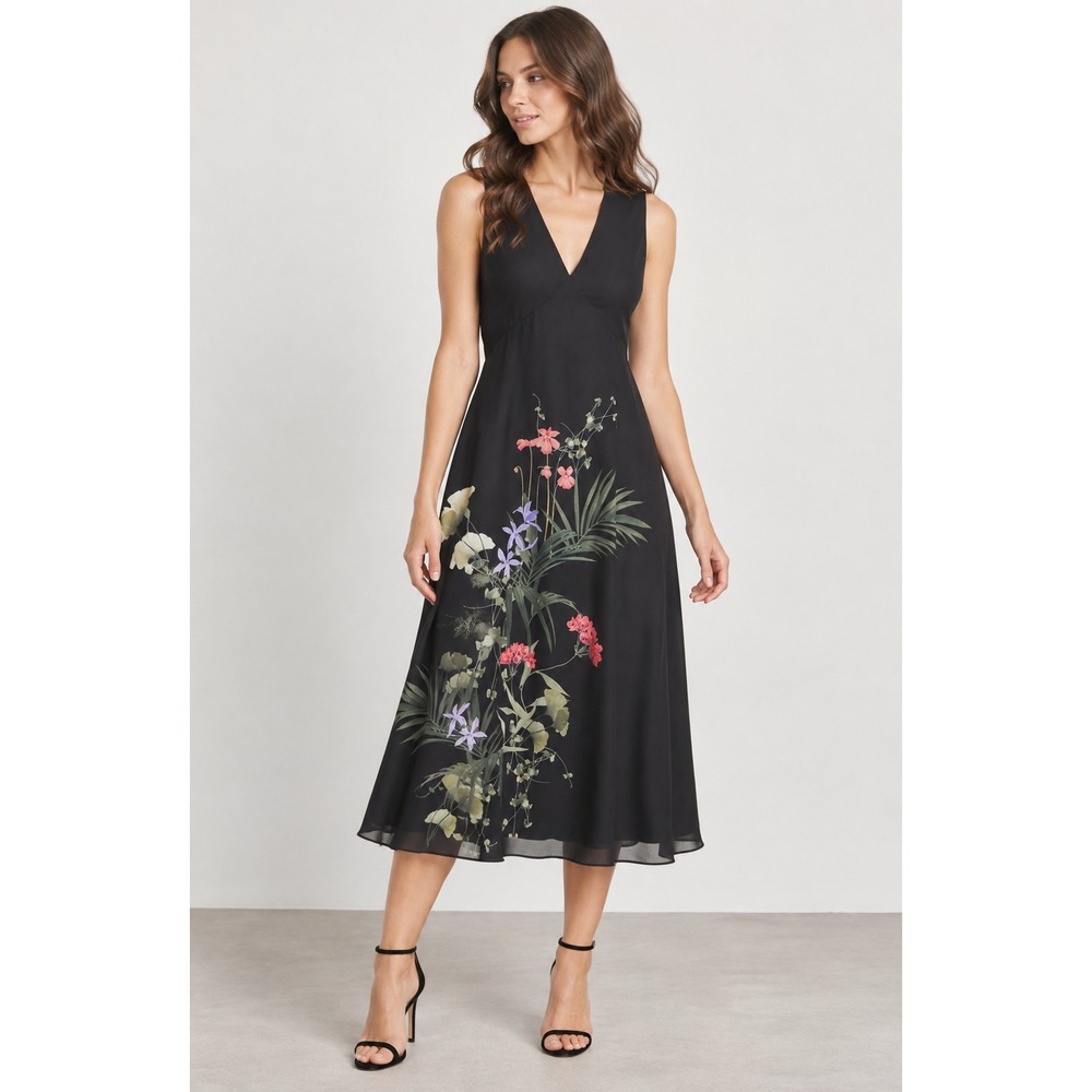 Ted Baker Emersin Highland Black Floral Midi Dress Size 8 Dark Feminine Romantic